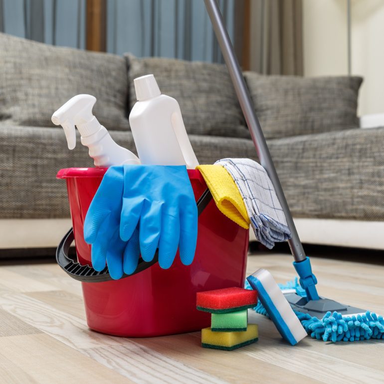 Cleaning supplies in a bucket and mop