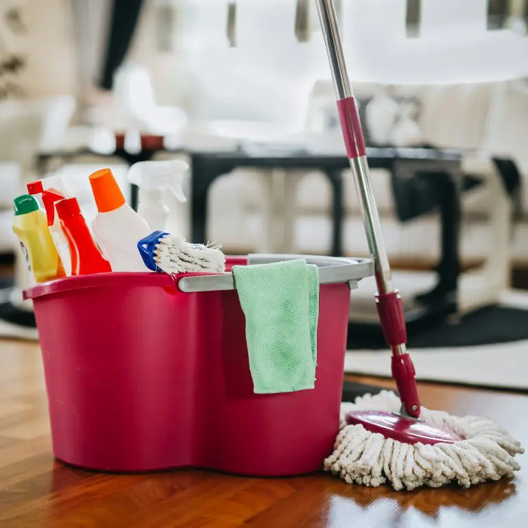 Cleaning supplies in a red bucket.