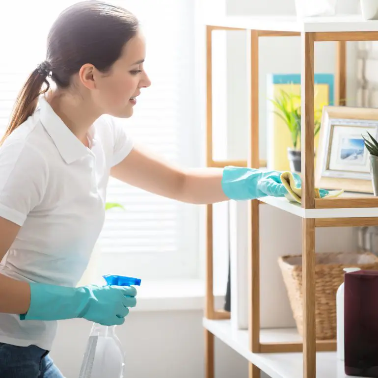 Woman cleaning shelves with spray bottle and cloth.