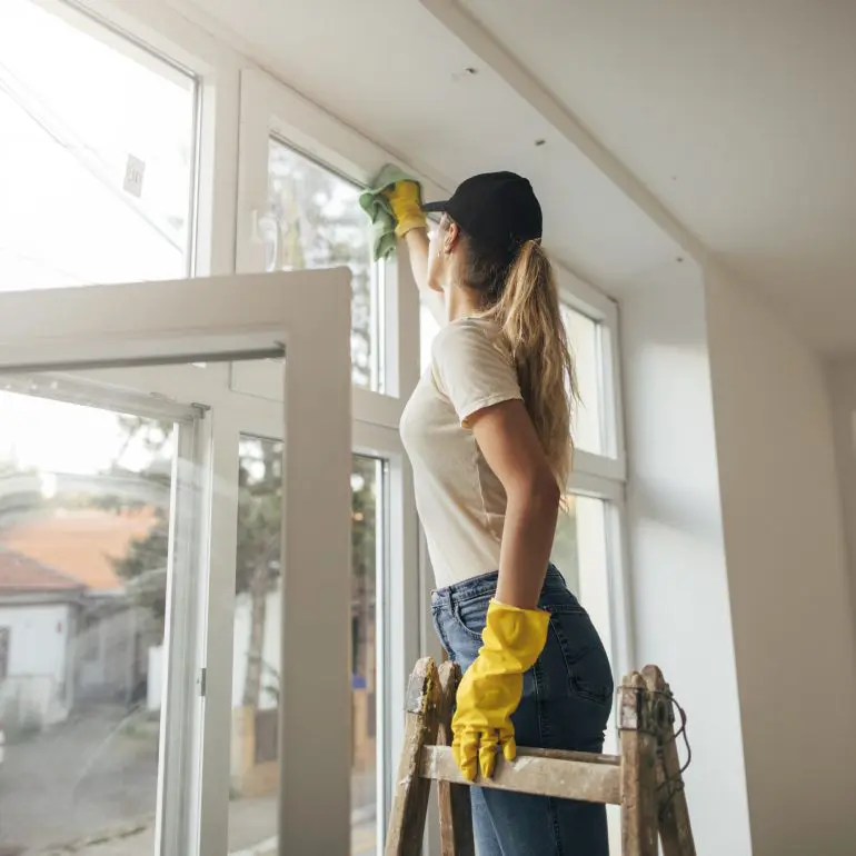 Woman cleaning windows on a ladder.